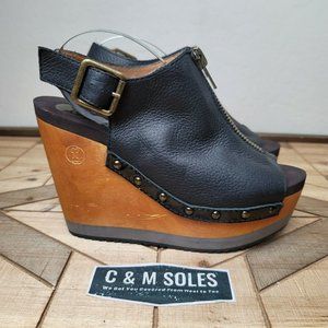 Flogg Black Leather Chaya Wedge Zip Wood Slingback